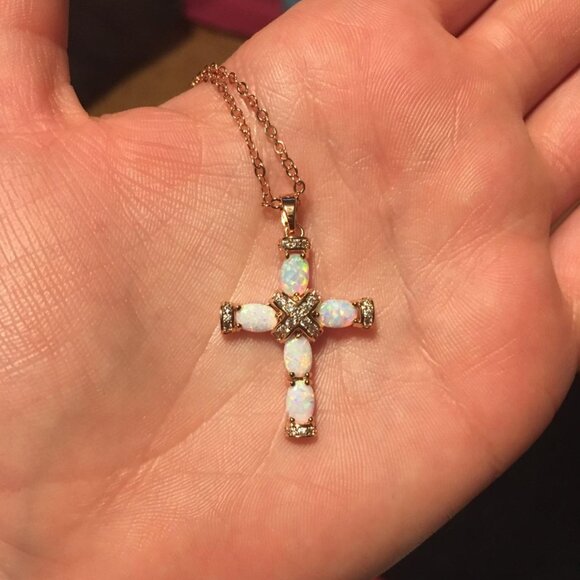 Neiman Marcus  Rose Gold Plated Opal Cross Necklace - Picture 1 of 6